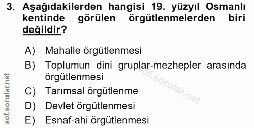3. soru: Aşağıdakilerden hangisi 19. yüzyıl Osmanlı kentinde görülen örgütlenmelerden biri değildir? A) Mahalle örgütlenmesi B…