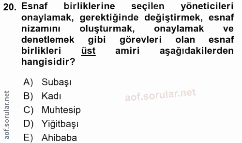 20. soru: Esnaf birliklerine seçilen yöneticileri onaylamak, gerektiğinde değiştirmek, esnaf nizamını oluşturmak, onaylamak ve…