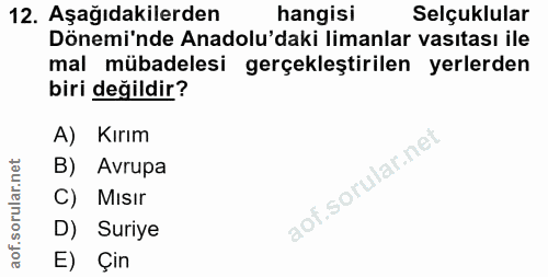 12. soru: Aşağıdakilerden hangisi Selçuklular Dönemi'nde Anadolu'daki limanlar vasıtası ile mal mübadelesi gerçekleştirilen yer…