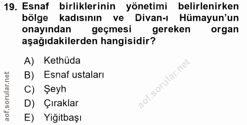 19. soru: Esnaf birliklerinin yönetimi belirlenirken bölge kadısının ve Divan-r Hümayun'un onayindan geçmesi gereken organ aşağ…
