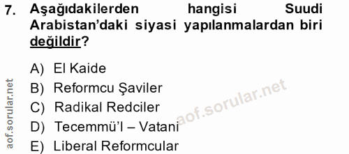 7. soru: Aşağıdakilerden hangisi Suudi Arabistan'daki siyasi yapılanmalardan biri değildir? A) El Kaide B) Reformcu Şaviler D)…