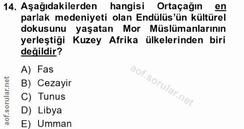 14. soru: Aşağıdakilerden hangisi Ortaçağın en parlak medeniyeti olan Endülüs'ün kültürel dokusunu yaşatan Mor Müslümanlarının…