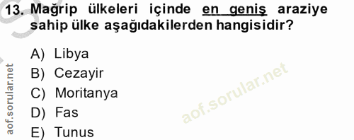 13. soru: Mağrip ülkeleri içinde en geniş araziye sahip ülke aşağıdakilerden hangisidir? A) Libya B) Cezayir C) Moritanya D) Fa…