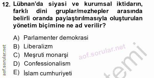 12. soru: Lübnan'da siyasi ve kurumsal iktidarın, farklı dini gruplar/mezhepler arasinda belirli oranda paylaştırılmasıyla oluş…