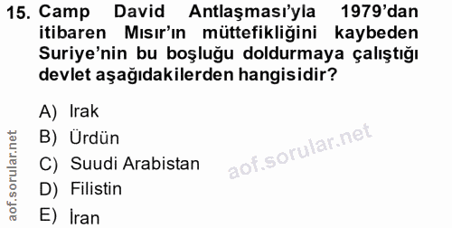 15. soru: Camp David Antlaşması'yla 1979'dan itibaren Mısır'ın müttefikliğini kaybeden Suriye'nin bu boşluğu doldurmaya çalıştı…