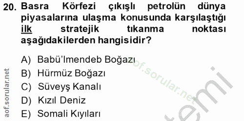 20. soru: Basra Körfezi çıkışlı petrolün dünya piyasalarına ulaşma konusunda karşılaştığı ilk stratejik tıkanma noktası aşağıda…