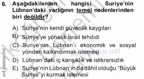 6. soru: Aşağıdakilerden hangisi Suriye'nin Lübnan'daki varlığının temel nedenlerinden biri değildir? A) Suriye'nin kendi güve…