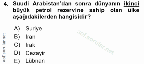 4. soru: Suudi Arabistan'dan sonra dünyanın ikinci büyük petrol rezervine sahip olan ülke aşağıdakilerden hangisidir? A) Suriy…