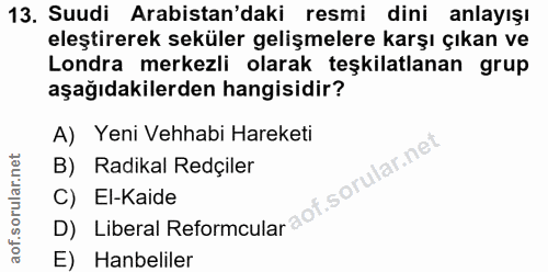 13. soru: Suudi Arabistan'daki resmi dini anlayışı eleştirerek seküler gelişmelere karşı çıkan ve Londra merkezli olarak teşkil…