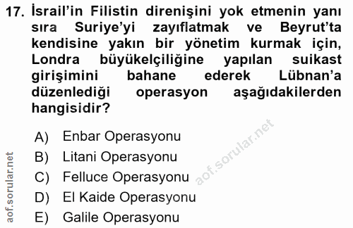 17. soru: Israil'in Filistin direnişini yok etmenin yanı sira Suriye'yi zayıflatmak ve Beyrut'ta kendisine yakın bir yönetim ku…