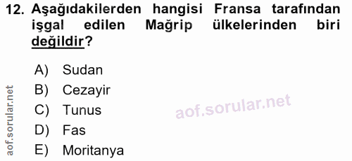 12. soru: Aşağıdakilerden hangisi Fransa tarafından işgal edilen Mağrip ülkelerinden ( biri değildir? A) Sudan B) Cezayir C) Tu…
