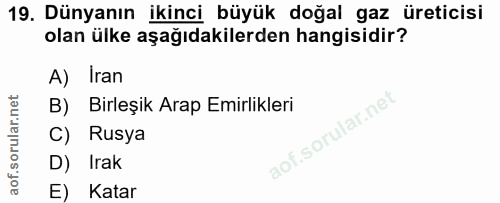 19. soru: Dünyanın ikinci büyük doğal gaz üreticisi olan ülke aşağıdakilerden hangisidir? A) Iran B) Birleşik Arap Emirlikleri…