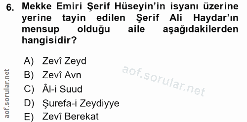 6. soru: Mekke Emiri Şerif Hüseyin'in isyanı üzerine yerine tayin edilen Şerif Ali Haydar'ın mensup olduğu aile aşağıdakilerde…
