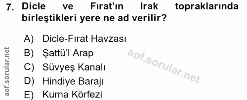 7. soru: Dicle ve Fırat'in Irak topraklarında birleştikleri yere ne ad verilir? A) Dicle-Firat Havzası B) Şattü'l Arap C) Süvy…