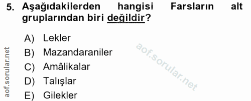 5. soru: Aşağıdakilerden hangisi Farların alt gruplarından biri değildir? A) Lekler B) Mazandaraniler C) Amâlikalar D) Talışla…