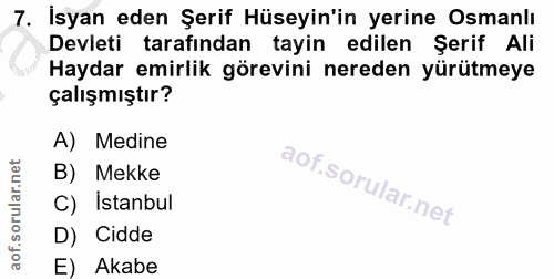 7. soru: İsyan eden Şerif Hüseyin'in yerine Osmanlı Devleti tarafından tayin edilen Şerif Ali Haydar emirlik görevini nereden…