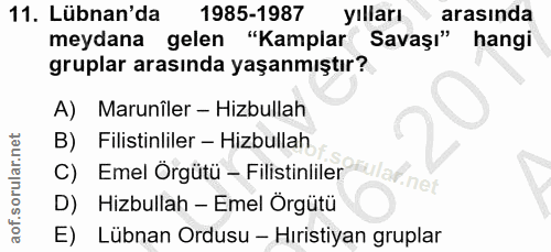 11. soru: Lübnan'da 1985-1987 yılları arasında meydana gelen "Kamplar ( Savaşı" hangi gruplar arasında yaşanmıştır? A) Marunîle…