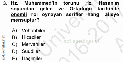 3. soru: 3 M Muhammedin tornu Hz. Hasan'ın soyundan gelen ve Ortadoğu tarihinde önemli rol oynayan şerifler hangi aileye mensu…