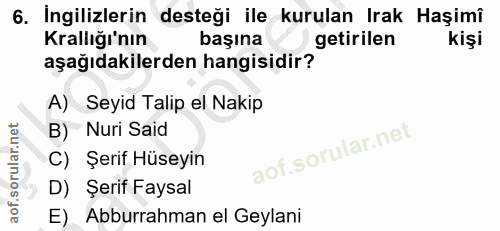 6. soru: Ingilizlerin desteği ile kurulan Irak Haşimî Krallığı'nın başına getirilen kişi aşağıdakilerden hangisidir? A) Seyid…