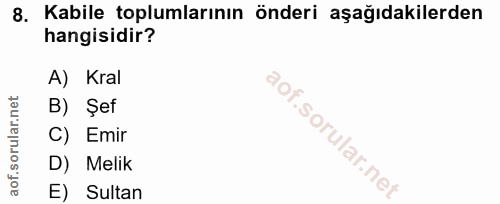 8. soru: Kabile toplumlarının önderi aşağıdakilerden hangisidir? A) Kral B) Şef C) Emir D) Melik E) Sultan