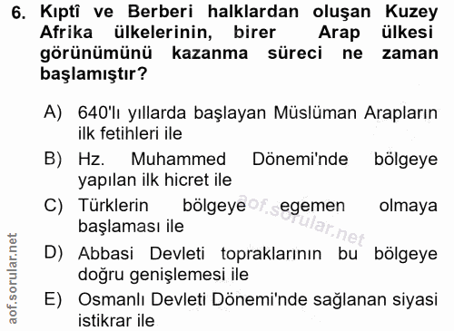 6. soru: Kıptî ve Berberi halklardan oluşan Kuzey Afrika ülkelerinin, birer Arap ülkesi görünümünü kazanma süreci ne zaman baş…