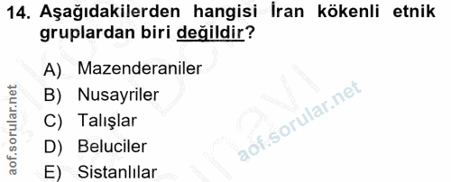 14. soru: Aşağıdakilerden hangisi İran kökenli etnik gruplardan biri değildir? A) Mazenderaniler B) Nusayriler C) Talışlar D) B…