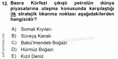 12. soru: Basra Körfezi çıkışlı petrolün dünya piyasalarına ulaşma konusunda karşılaştığı ilk stratejik tıkanma noktası aşağıda…