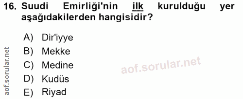 16. soru: Suudi Emirliği'nin ilk kurulduğu yer aşağıdakilerden hangisidir? A) Dir'iyye B) Mekke C) Medine D) Kudüs E) Riyad