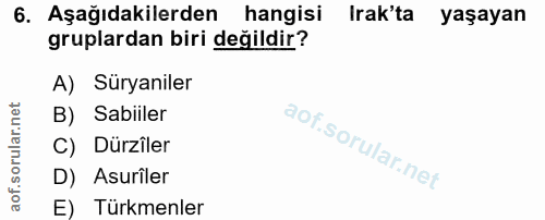 6. soru: Aşağıdakilerden hangisi Irak'ta yaşayan gruplardan biri değildir? A) Süryaniler B) Sabiiler C) Dürzîler D) Asurîler E…
