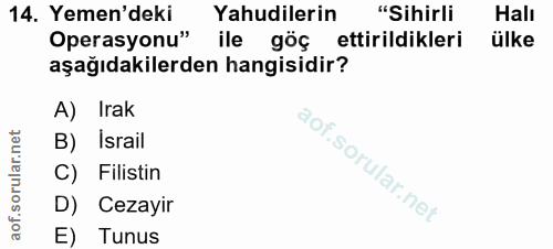 14. soru: Yemen'deki Yahudilerin "Sihirli Halı Operasyonu" ile gög ettirildikleri ülke aşağıdakilerden hangisidir? A) Irak B) I…