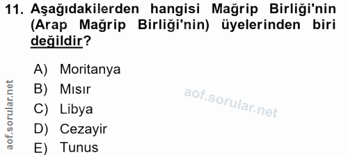 11. soru: Aşağıdakilerden hangisi Mağrip Birliği'nin (Arap Mağrip Birliği'nin) üyelerinden biri değildir? A) Moritanya B) Mısir…
