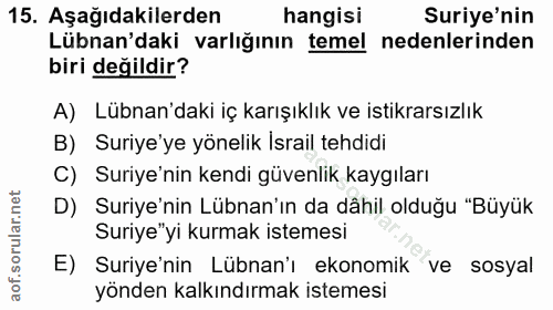15. soru: Aşağıdakilerden hangisi Suriye'nin Lübnan'daki varlığının temel nedenlerinden biri değildir? A) Lübnan'daki iç karışı…
