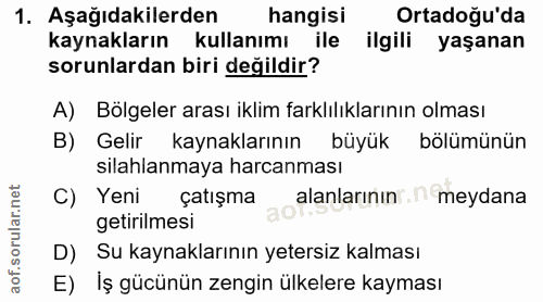 1. soru: Aşağıdakilerden hangisi Ortadoğu'da kaynakların kullanımı ile ilgili yaşanan sorunlardan biri değildir? A) Bolgeler a…