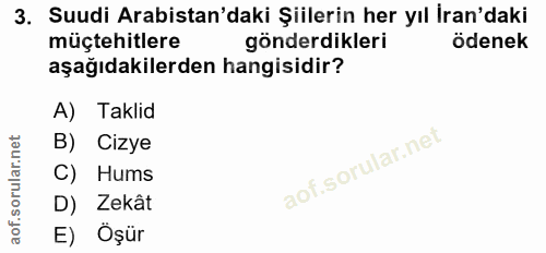 3. soru: Suudi Arabistan'daki Şiilerin her yıl İran'daki müçtehitlere gönderdikleri ödenek aşağıdakilerden hangisidir? A) Takl…