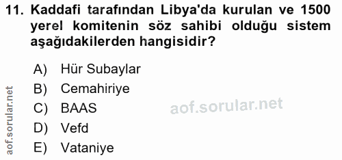 11. soru: Kaddafi tarafından Libya'da kurulan ve 1500 yerel komitenin söz sahibi olduğu sistem aşağıdakilerden hangisidir? A) H…
