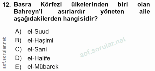 12. soru: Basra Körfezi ülkelerinden biri olan Bahreyn'i asırlardır yöneten aile aşağıdakilerden hangisidir? A) el-Suud B) el-H…