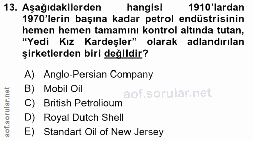 13. soru: Aşağıdakilerden hangisi 1910'lardan 1970'lerin başına kadar petrol endüstrisinin hemen hemen tamamını kontrol altında…