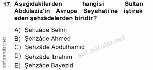 17. soru: Aşağıdakilerden hangisi Sultan Abdülaziz'in Avrupa Seyahati'ne iştirak eden şehzâdelerden biridir? A) Şehzâde Selim B…
