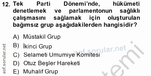 12. soru: Tek Parti Dönemi'nde, hükümeti denetlemek ve parlamentonun sağlıklı çalışmasını sağlamak için oluşturulan bağımsız gr…