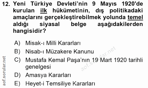 12. soru: Yeni Türkiye Devleti'nin 9 Mayıs 1920'de kurulan ilk hükümetinin, dış politikadaki amaçlarını gerçekleştirebilmek yol…
