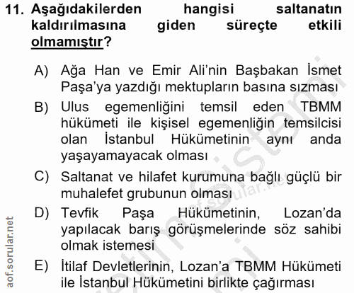 11. soru: Aşağıdakilerden hangisi saltanatın kaldırılmasına giden süreçte etkili olmamıştır? A) Ağa Han ve Emir Ali'nin Başbaka…