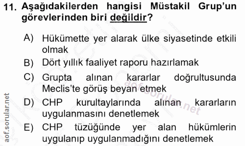 11. soru: Aşağıdakilerden hangisi Müstakil Grup'un görevlerinden biri değildir? A) Hükümette yer alarak ülke siyasetinde etkili…