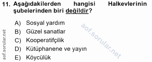 11. soru: Aşağıdakilerden hangisi Halkevlerinin şubelerinden biri değildir? A) Sosyal yardım B) Güzel sanatlar C) Kooperatifçil…