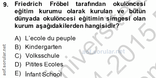 9. soru: Friedrich Fröbel tarafindan okulöncesi eğitim kurumu olarak kurulan ve bütün dünyada okulöncesi eğitimin simgesi olan…