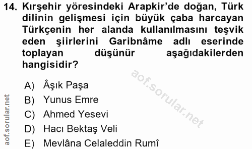 14. soru: Kırşehir yöresindeki Arapkir'de doğan, Türk dilinin gelişmesi için büyük çaba harcayan Türkçenin her alanda kullanılm…