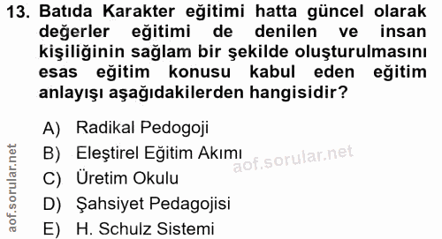 13. soru: Batıda Karakter eğitimi hatta güncel olarak değerler eğitimi de denilen ve insan kişiliğinin sağlam bir şekilde oluşt…