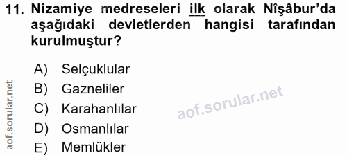 11. soru: Nizamiye medreseleri ilk olarak Nişâbur'da aşağıdaki devletlerden hangisi tarafından kurulmuştur? A) Selçuklular B) G…