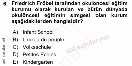 6. soru: Friedrich Fröbel tarafından okulöncesi eğitim kurumu olarak kurulan ve bütün dünyada okulöncesi eğitimin simgesi olan…
