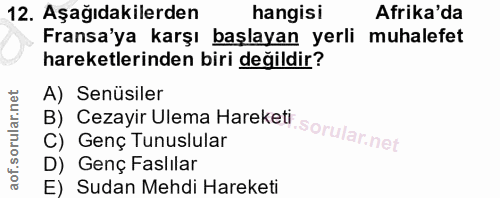 12. soru: Aşağıdakilerden hangisi Afrika'da Fransa'ya karşı başlayan yerli muhalefet hareketlerinden biri değildir? A) Senüsile…