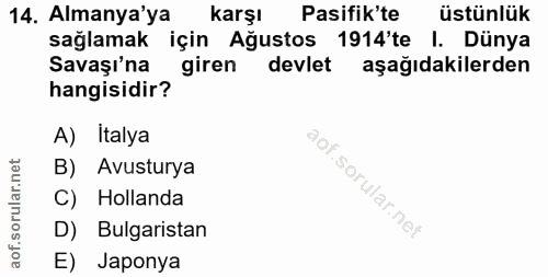 14. soru: Almanya'ya karşı Pasifik'te üstünlük sağlamak için Ağustos 1914'te I. Dünya Savaşı'na giren devlet aşağıdakilerden ha…